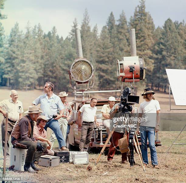 Lorne Greene, Michael Landon and the crew on the set of Bonanza --