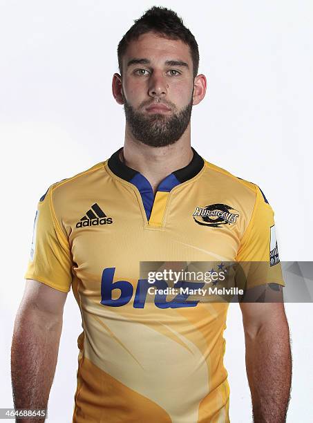 Billy Guyton poses during a Wellington Hurricanes Super Rugby headshots session at Rugby League Park on January 24, 2014 in Wellington, New Zealand.