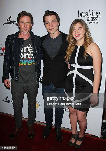 Actors Sam Trammell, Nick Krause and Danielle Greenup attend the "White Rabbit" premiere at The Laemmle Music Hall on February 13, 2015 in Beverly...