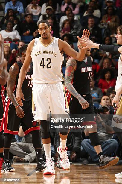 Alexis Ajinca of the New Orleans Pelicans high fives teammates during the game against the Miami Heat on February 27, 2015 at Smoothie King Center in...