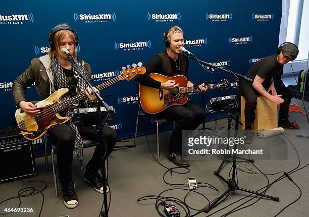 Bryce Soderberg, Jason Wade and Rick Woolstenhulme Jr. Of Lifehouse vist at SiriusXM Studios on February 27, 2015 in New York City.