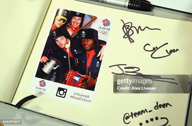 An Instagram book shows a photograph of Lamin Deen, John Baines, Ben Simons and Craig Pickering of the GBR2 Great Britain Bobsleigh Team alongside...