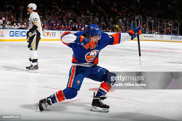 Michael Grabner of the New York Islanders celebrates his first period goal during the game against the Pittsburgh Penguins at Nassau Veterans...