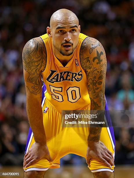 Robert Sacre of the Los Angeles Lakers looks on during a game against the Miami Heat at American Airlines Arena on January 23, 2014 in Miami,...