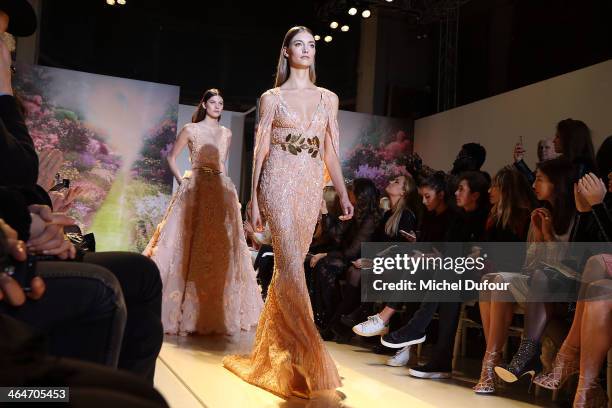 Models walk the runway during Zuhair Murad Prive show as part of Paris Fashion Week Haute Couture Spring/Summer 2014 on January 23, 2014 in Paris,...
