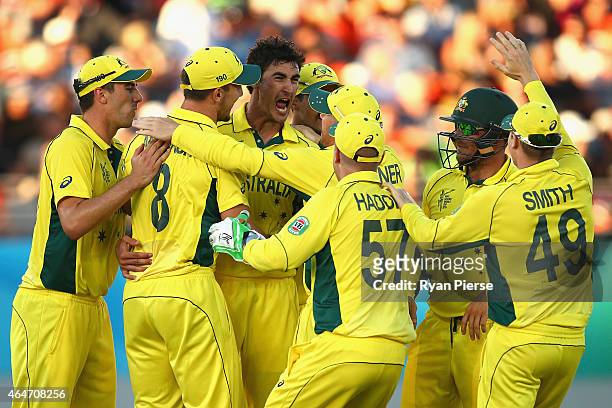 Mitchell Starc of Australia celebrates after taking the wicket of Tim Southee of New Zealand during the 2015 ICC Cricket World Cup match between...