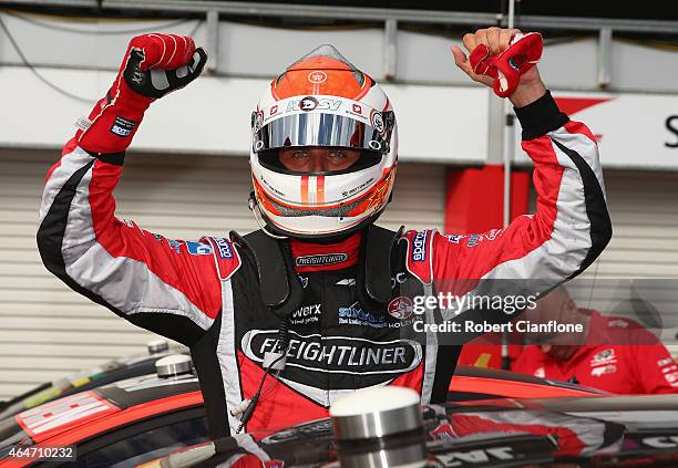 Fabian Coulthard driver of the Freightliner Racing Holden celebrates after winning race two for the V8 Supercars Clipsal 500 at the Adelaide Street...