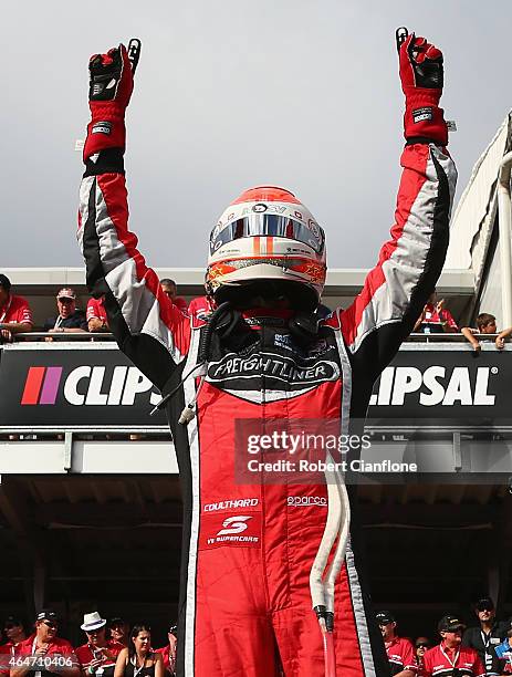 Fabian Coulthard driver of the Freightliner Racing Holden celebrates after winning race two for the V8 Supercars Clipsal 500 at the Adelaide Street...