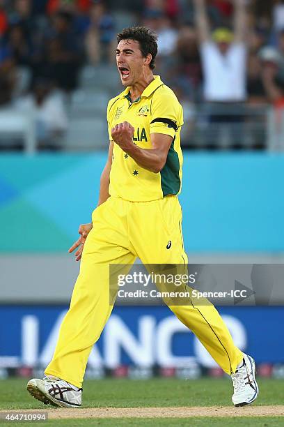 Mitchell Starc of Australia celebrates dismissing Tim Southee of New Zealand during the 2015 ICC Cricket World Cup match between Australia and New...