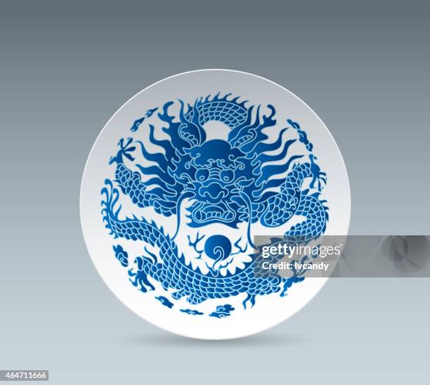 blue and white china plate (dragon) - blue and white porcelain style stock illustrations