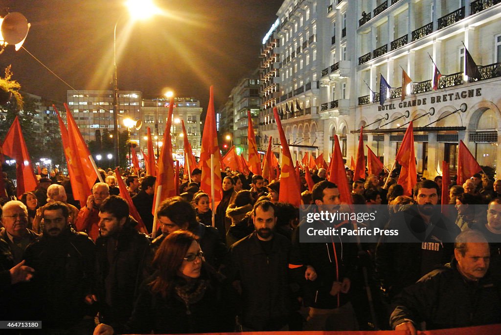 KKE suppoerters gathered in front of the Grand Bretagne...