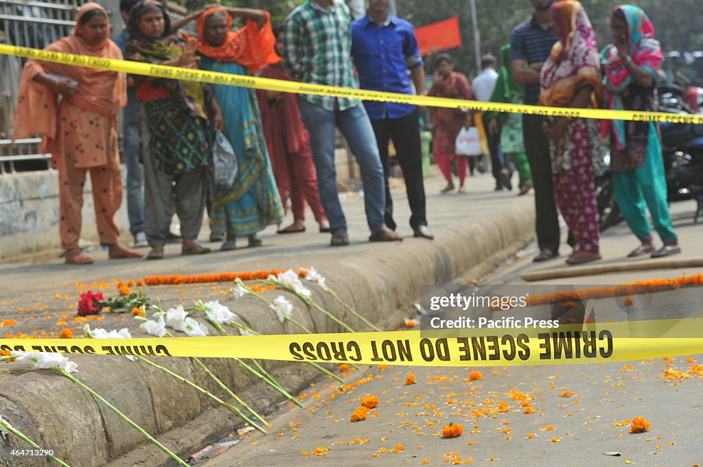 The spot of the murder marked with large dry pool of blood...