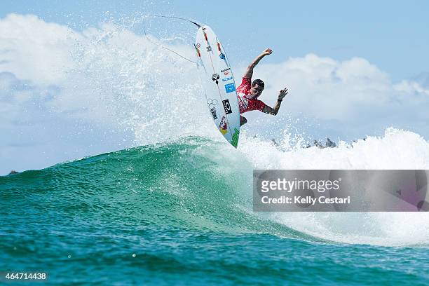 Adriano de Souza of Brasil placed second in his Quiksilver Pro round 1 heat on February 28, 2015 in Gold Coast, Australia.