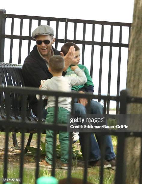 Tom Brady with Benjamin Brady and Jack Moynihan are seen on May 18, 2013 in Boston, Massachusetts.