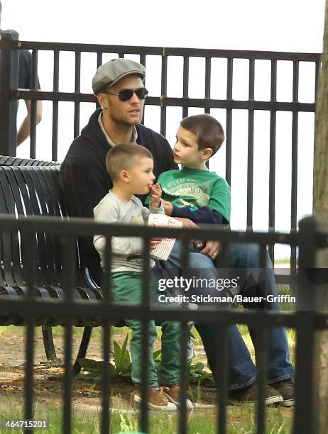 Tom Brady with Benjamin Brady and Jack Moynihan are seen on May 18, 2013 in Boston, Massachusetts.