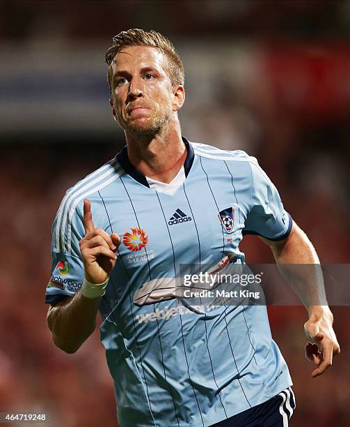 Marc Janko of Sydney FC celebrates scoring his second goal during the round 19 A-League match between the Western Sydney Wanderers and Sydney FC at...