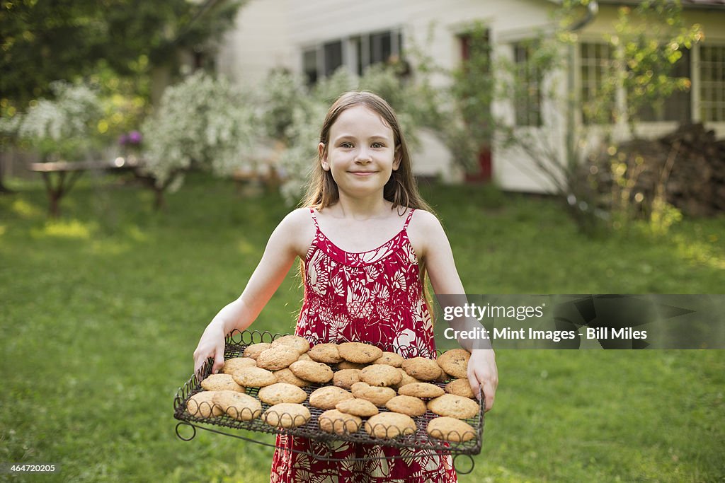 Baking homemade cookies. A young girl holding a tray of fresh baked cookies.