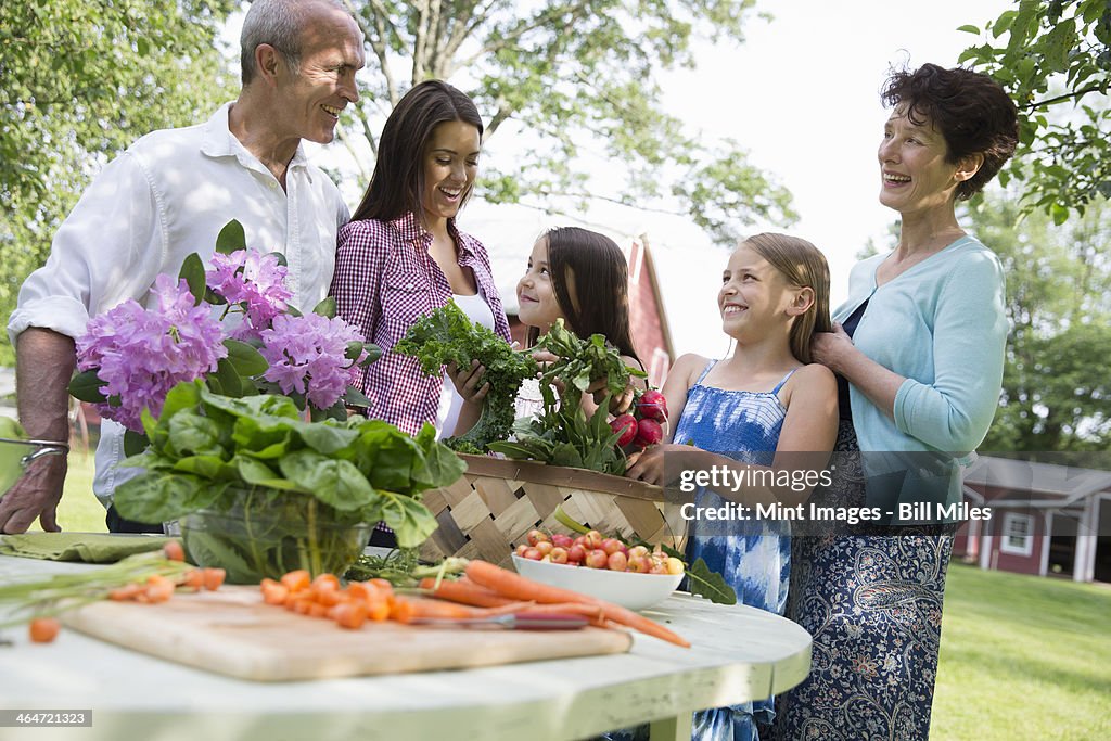 A summer family gathering at a farm. A table laid with salads and fresh fruits and vegetables. Parents and children.