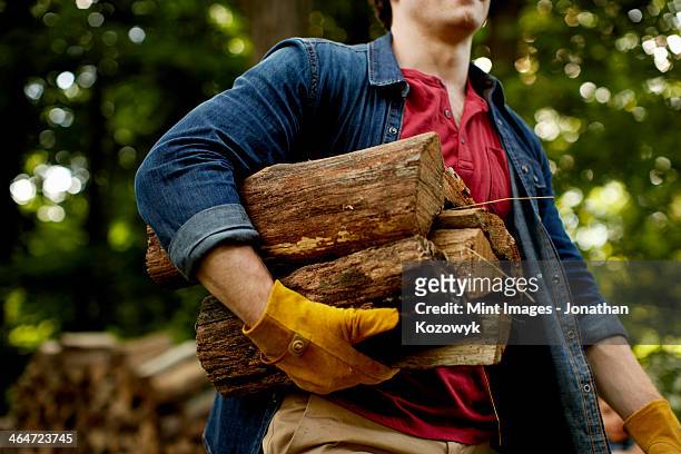 a man carrying a stack of logs under his arm. - legna da ardere foto e immagini stock