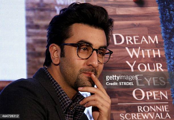 Indian Bollywood actor Ranbir Kapoor looks on during a promotional event for author Ronnie Screwvala in Mumbai on February 28, 2015. AFP PHOTO / STR