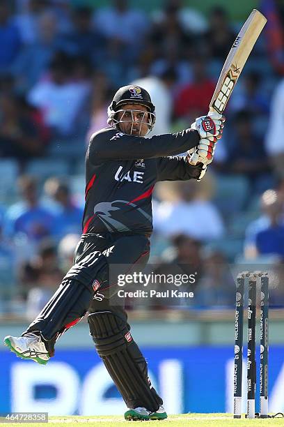 Shaiman Anwar of the UAE bats during the 2015 ICC Cricket World Cup match between India and the United Arab Emirates at WACA on February 28, 2015 in...