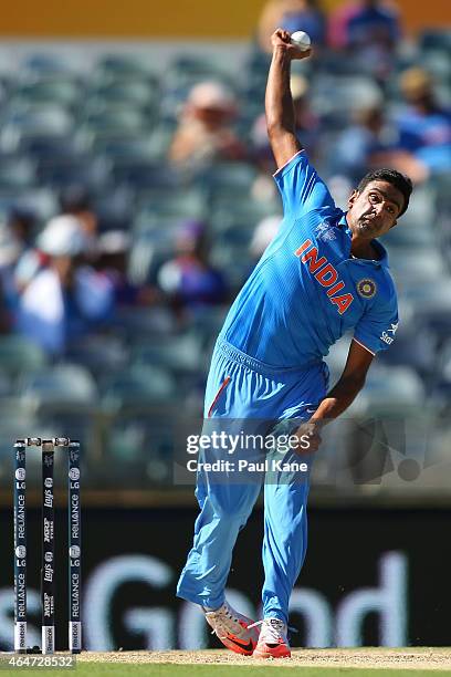 Ravichandran Ashwin of India bowls during the 2015 ICC Cricket World Cup match between India and the United Arab Emirates at WACA on February 28,...