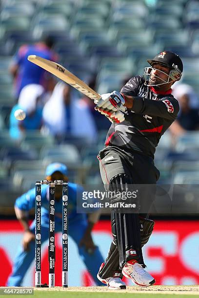Amjad Ali of the UAE bats during the 2015 ICC Cricket World Cup match between India and the United Arab Emirates at WACA on February 28, 2015 in...