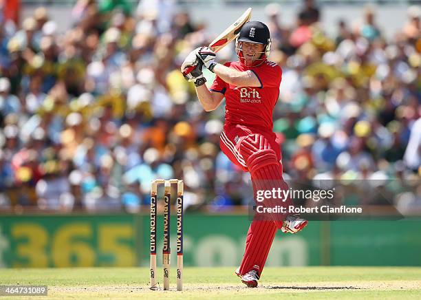 Eoin Morgan of England bats during game four of the One Day International series between Australia and England at WACA on January 24, 2014 in Perth,...