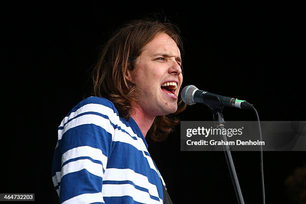 Declan Melia of British India performs during day 12 of the 2014 Australian Open at Melbourne Park on January 24, 2014 in Melbourne, Australia.