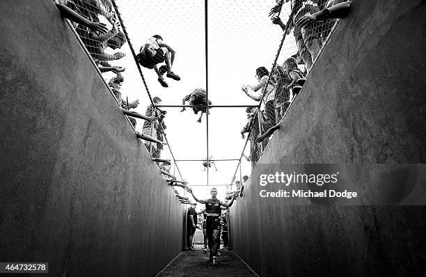 Robert Murphy of the Bulldogs celebrates the win after the game with fans during the NAB Challenge AFL match between the Western Bulldogs and the...