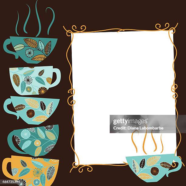 cute retro floral teacups stack with frame for text - stack tea cups stock illustrations