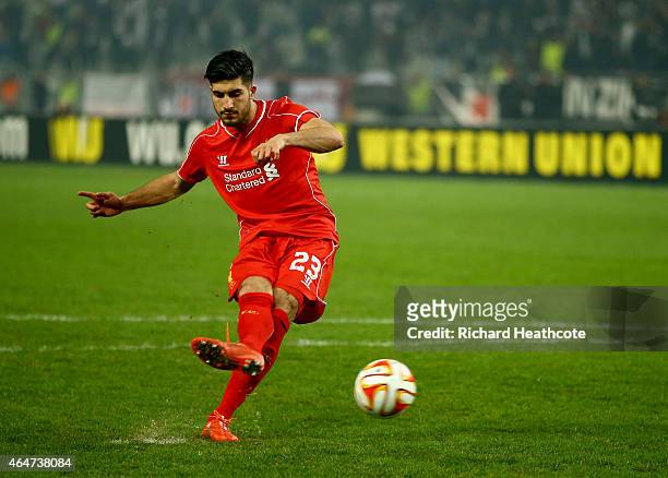 Emre Can of Liverpool scores his penalty in the shoot out during the 2nd leg of the UEFA Europa League Round of 32 match between Besiktas and...