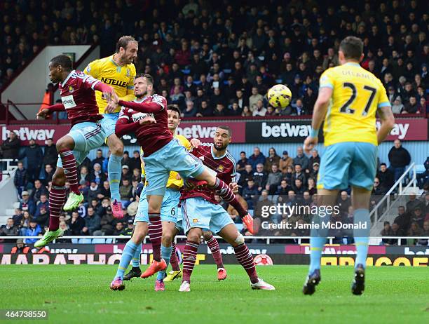 Glenn Murray of Crystal Palace scores their first goal with a header during the Barclays Premier League match between West Ham United and Crystal...