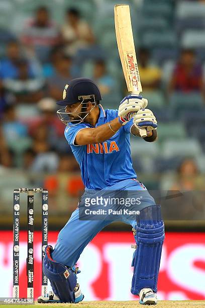 Virat Kohli of India bats during the 2015 ICC Cricket World Cup match between India and the United Arab Emirates at WACA on February 28, 2015 in...