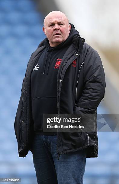 London Welsh head coach Justin Burnell looks on ahead of the Aviva Premiership match between London Welsh and London Irish at Kassam Stadium on...