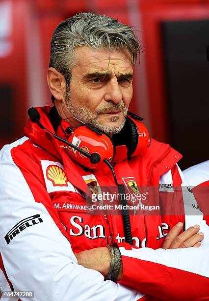 Ferrari Team Principal Maurizio Arrivabene looks on outside the team garage during day three of the final Formula One Winter Testing at Circuit de...