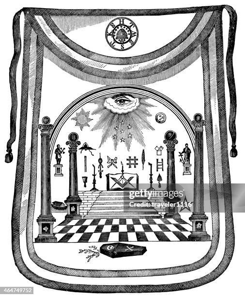 illustrazioni stock, clip art, cartoni animati e icone di tendenza di masonic grembiule incisione da 1870 (freemason) - symbolism