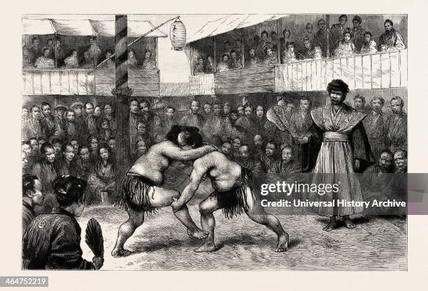 Sports In Japan, A Wrestling Match, Engraving 1890, Engraved Image, History, Arkheia, Illustrative Technique, Engravement, Engraving, Victorian,...