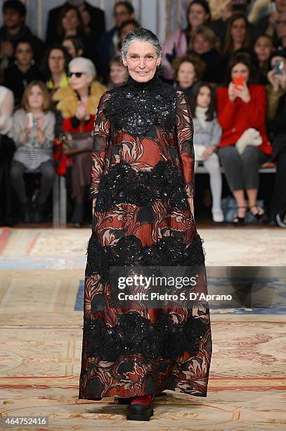 Benedetta Barzini walks the runway at the Antonio Marras show during the Milan Fashion Week Autumn/Winter 2015 on February 28, 2015 in Milan, Italy.