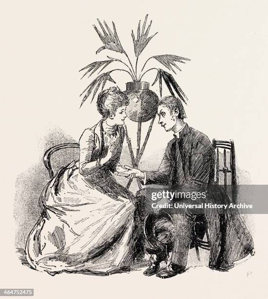 Our Curate Arranges With My Pretty Cousin To Tell Fortunes By Palmistry At His Bazaar, Engraving 1890, Engraved Image, History, Arkheia, Illustrative...