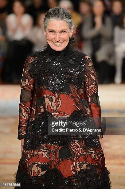 Benedetta Barzini walks the runway at the Antonio Marras show during the Milan Fashion Week Autumn/Winter 2015 on February 28, 2015 in Milan, Italy.