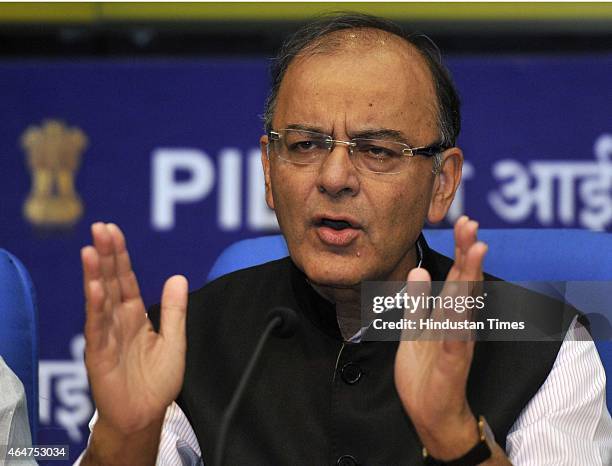 Union Finance Minister Arun Jaitley during a Post-Budget press conference at National Media Centre on February 28, 2015 in New Delhi, India. During a...