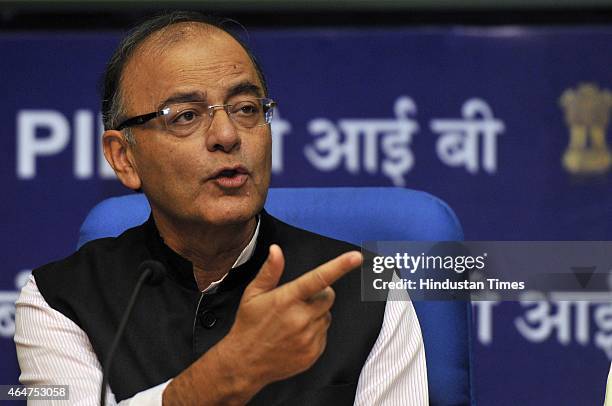 Union Finance Minister Arun Jaitley during a Post-Budget press conference at National Media Centre on February 28, 2015 in New Delhi, India. During a...