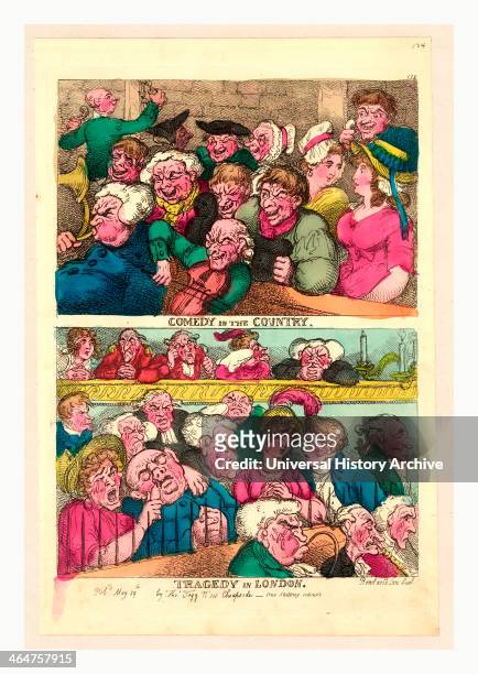 Comedy In The Country. Tragedy In London, Rowlandson, Thomas, 1756-1827, Engraving 1807, Two Designs On One Plate. Above, Two Rows Of Burlesqued...