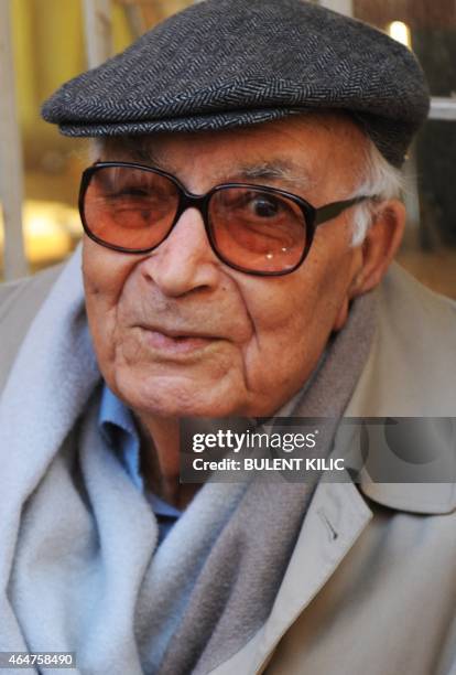 Turkish author Yasar Kemal talks with the media during a demonstration to support Turkish sociologist Pinar Selek at the entrance of a courthouse in...