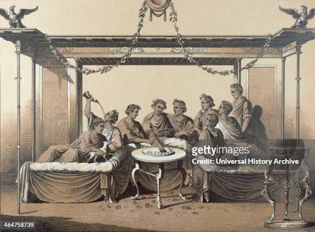 Triclinium, Dinner In A Formal Roman Dining Room, Food And Drink, Man, Interior, Couch, Chaise Longue, Klinai, Feasting, Roman Domestic Life,...