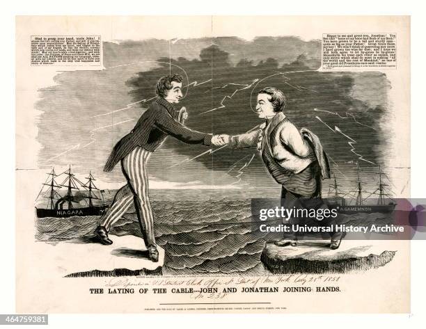 The Laying Of The Cable: John And Jonathan Joining Hands, 1858. A Crude But Engaging Picture, Celebrating The Goodwill Between Great Britain And The...