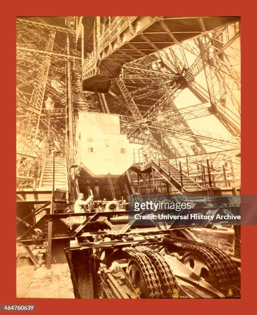 Eiffel Tower Machinery With A Man Beside The Wheel That Raises Elevator, During The Paris Exposition, France, Between 1887 And 1889, Napoleon Dufeu.