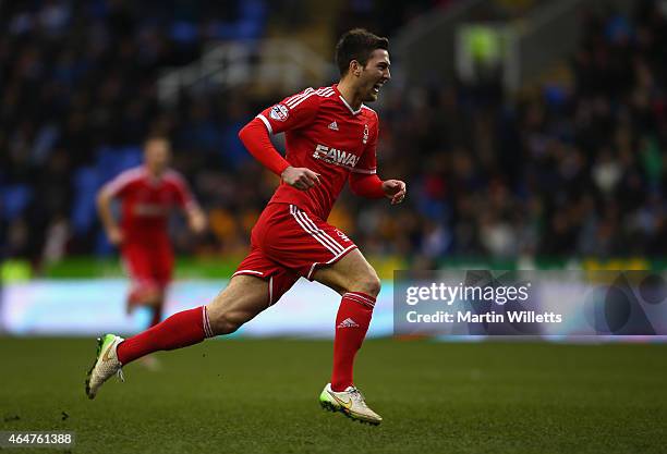 Gary Gardner of Nottingham Forest celebrates scoring the third goal during the Sky Bet Championship match between Reading and Nottingham Forest at...