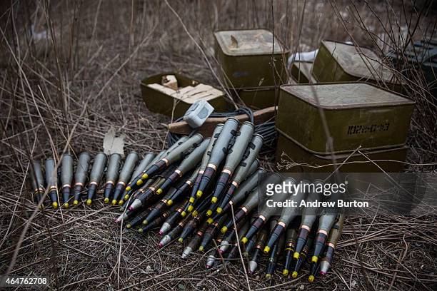 Ukrainian anti-aircraft munitions sit on the ground near the front line of defense against pro-Russian seperatists on February 28, 2015 near in the...